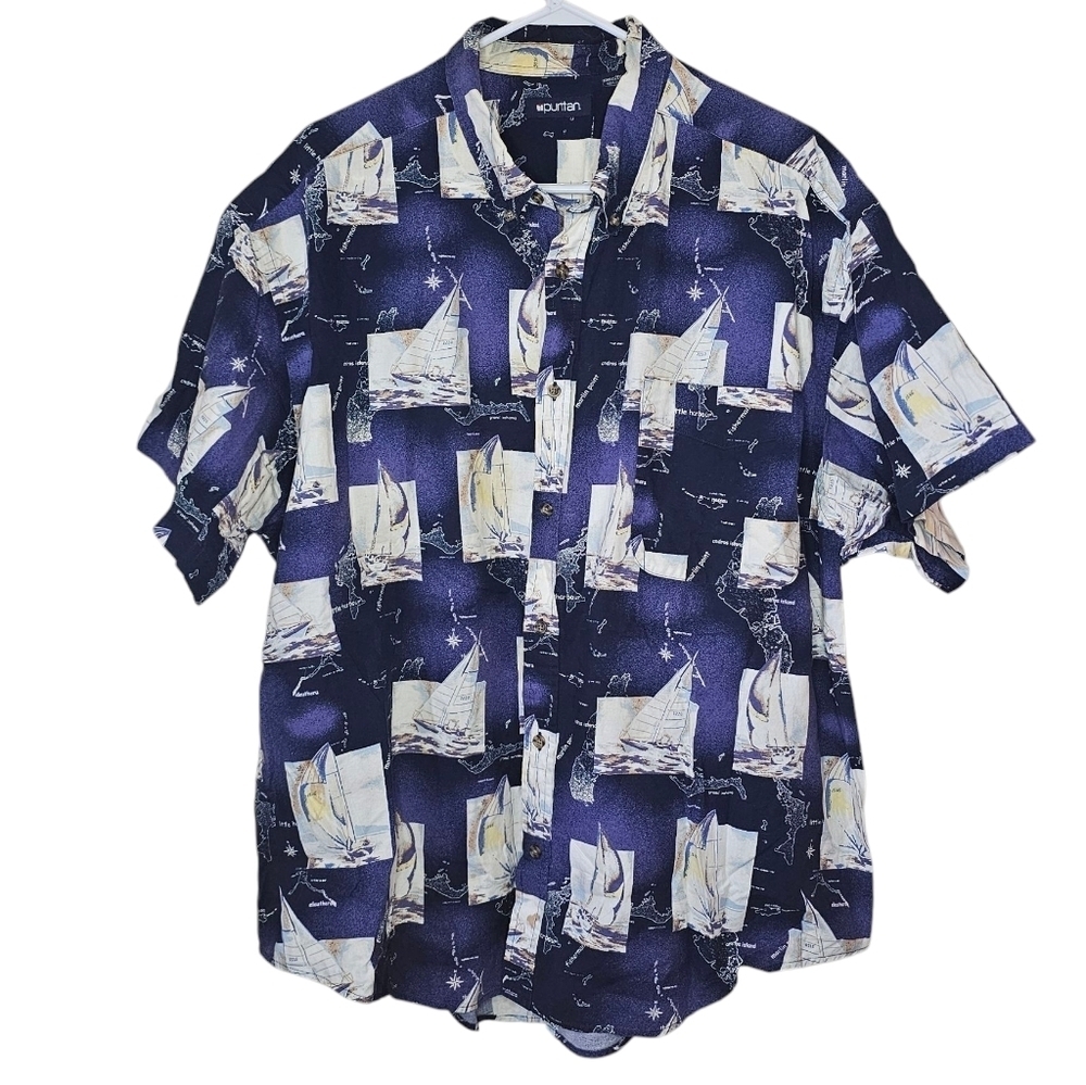 Puritan Vintage Short Sleeved Button Down Sailboat Graphic Size xXL 100% Cotton